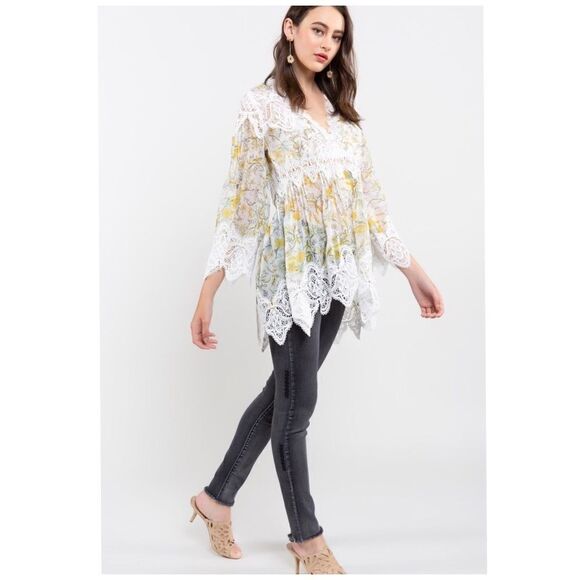 YELLOW floral printed woven tunic with lace trim - Picture 8 of 13